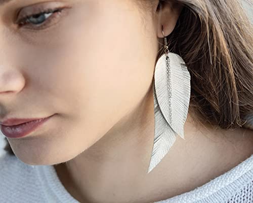 Black shiny Leather Feather Earrings for Women, Lightweight Minimal Boho Dangle Earrings, Small Simple Everyday Jewelry - color: light grey metallic
