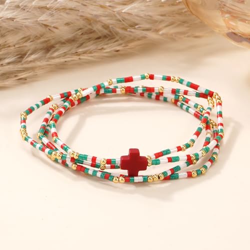 Gold Colorful Beaded Cross Bracelet Stack Set for Women,Handmade Bohemian Seed Beads Stacked Bracelets Fashion Holiday Jewelry Gift - color: Christmas