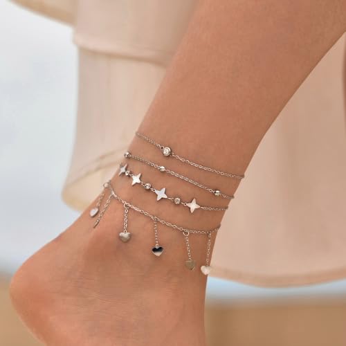 LOFITOR Ankle Bracelets for Women Glitter Waterproof Adjustable Anklet Set for Women 18K Gold Plated Silver Charm Dainty Layered Anklets, Summer Beach Anklet Jewelry for Women - style: Heart Gold