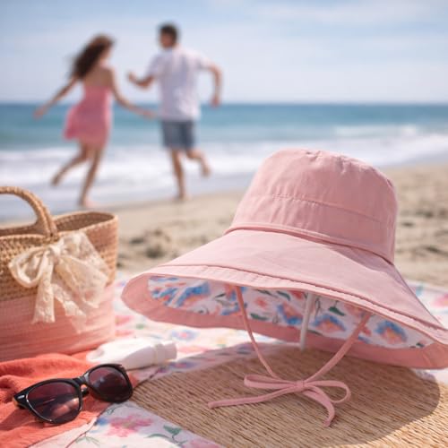 Wide Brim Sun Hat for Women Reversible Beach Hats Metal Wired Edge Gardening Hats, UPF 50+ Bucket Summer Hat - color: Pink