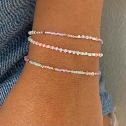 Dainty Gold Plated Tiny Ball Colorful Beaded Stack Bracelets Sets for Women,3Pcs Stackable Cute Bracelet Stretch Trendy Ball Jewelry Friendship Gift - color: light pink
