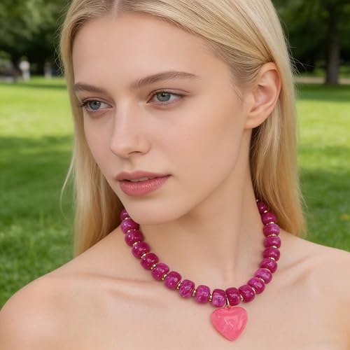Chunky Colorful Beaded Statement Boho Summer Beach Chokers Necklace Heart Pendant Pink Green Yellow Brown Fashion Jewelry - color: Gold-Cranberry pink