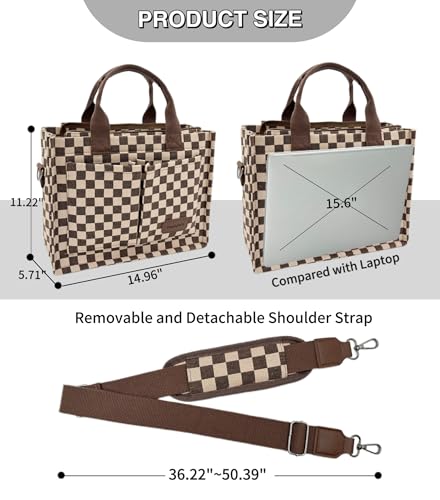 Large Canvas Tote Bag for Women Work Tote Bags with Pockets Laptop Crossbody Purses Everyday Bag Handbags for Travel - color: New Upgrade Plus Brown Checkerboard
