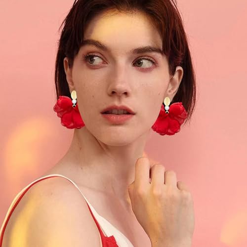 Handmade Fabric Flower Petal Fringe Dangle Drop Earrings Bohemian Floral Tassel Stud Earrings For Women - color: Red