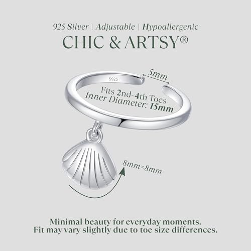 CHIC & ARTSY 925 Sterling Silver Open Toe Ring for Women - Lightweight Comfortable Yoga Toe Rings, Adjustable Stackable Toe Rings, Boho Coastal Vacation Beach Foot Jewellery - color: Seashell