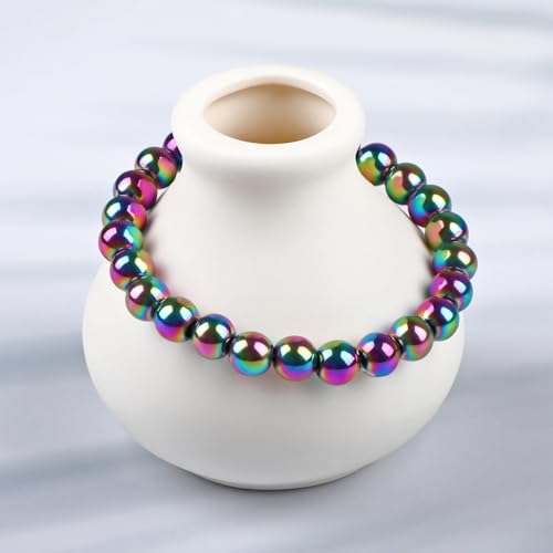 LPBeads Handmade Natural Gemstone Stretch Elastic Bracelet Healing Crystal Round Stone Beads Jewelry Gifts for Women Men - color: Rainbow Coated Hematite, size: 8mm