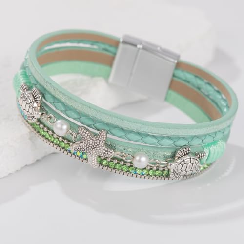 FANCY SHINY Turtle Starfish Leather Wrap Bracelet Boho Rhinestone Pearl Cuff Bracelets for Women Summer Beach Jewelry for Women - color: Green