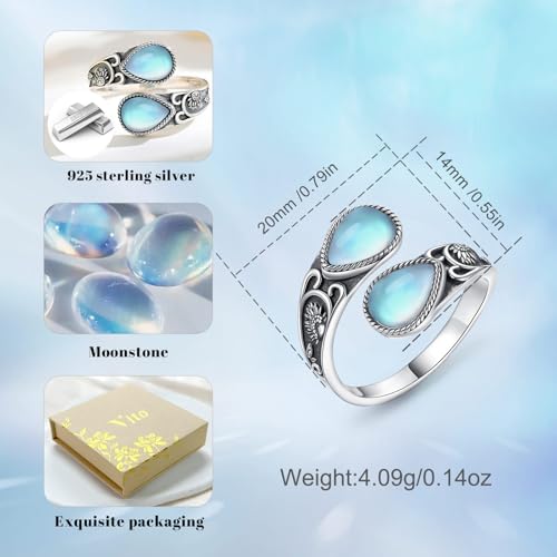 Vito 925 Sterling Silver Adjustable Open Spoon Ring for Women Men, Lotus Sunflower Snake Spoon Band Rings Feather Hug Witches Knot Inspirational Jewelry Gift for Wife - style: Sunflower Moonstonne