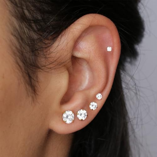 10 Pairs Small Stud Earrings for Women Precision-Cut Cubic Zirconia Earrings for Sensitive Ears Hypoallergenic Surgical Stainless Steel Tiny Stack Earrings for Multiple Piercing - color: Various Sizes-5 Pairs-Gold