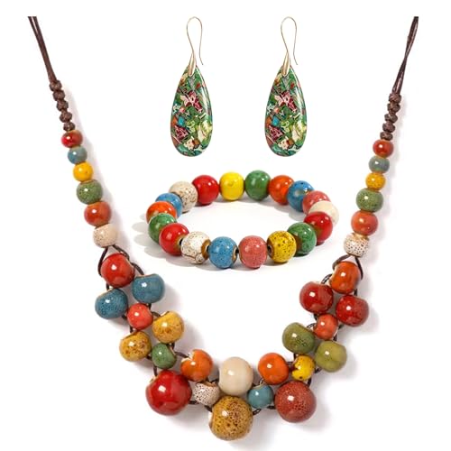 KURTCB Boho Hippie Ceramic Beaded Necklace Bracelet Colorful Statement Chunky Beads Strand Necklace Bracelet Thanksgiving Fall Autumn Jewelry for Women - style: Style 3