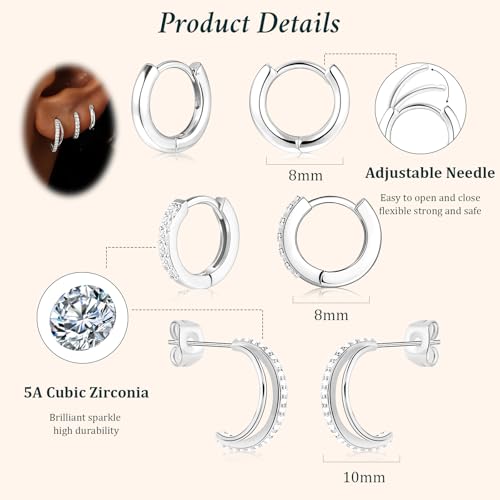 Poxtex Small Sterling Silver Huggie Hoop Earrings Set for Women, Hypoallergenic 14K Gold Plated Hoops Stacks for Multiple Piercings, Dainty Cute Mini Lightweight Cartilage Studs Trendy Jewelry Gift - color: Silver-double hoop