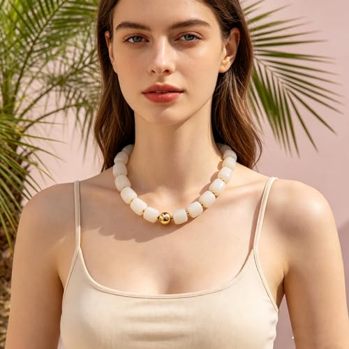 Chunky Beaded Necklace for Women Boho Colorful Statement Choker Necklaces Summer Beach Resin Jewelry Accessories - color: White