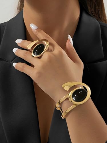 Boho Open Bracelet Ring Set for Women Black and Gold Jewelry Set Oval Cuff Bracelet Adjustable Ring Vintage Jewelry - style: Black