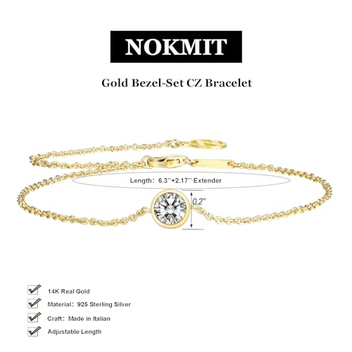 NOKMIT Solid 925 Sterling Silver Bracelets for Women, Dainty Interlocking Circles Cubic Zirconia Adjustable Chain Bracelet, Trendy Stackable Link Bracelets, Simple Cute Jewelry Gifts - color: Gold Bezel-Set CZ