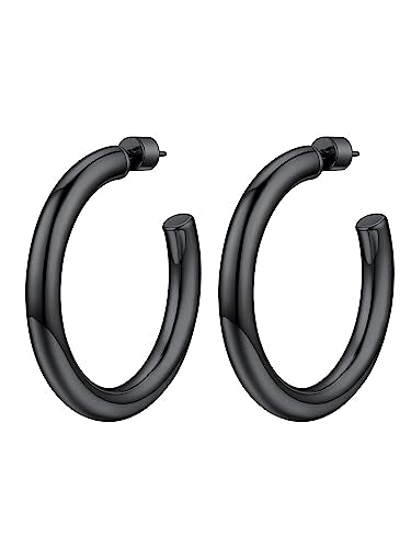 Stainless Steel Chunky Hoop Earrings For Women, Minimalist and Chic, Black/Gold Plated, Round Hoops Earrings Hypoallergenic, Size: 30mm/40mm/60mm/80mm, Come with Box - color: 2. Black, size: 40MM