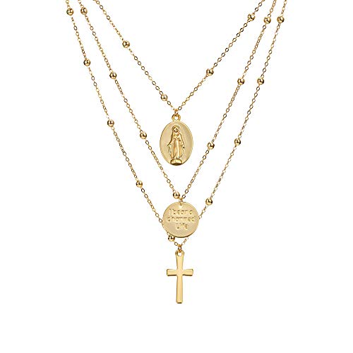 6PCS Layered Gold Necklaces for Women Trendy, 18K Gold Plated Cross Pendant Necklace Set, Vintage Chunky Gold Necklace Stack for Women Jewelry Gifts - style: Layered Faith Necklace