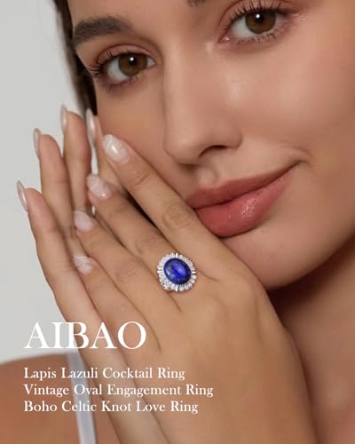 AIBAO 4-12 Ct Large Oval Engagement Rings for Women Natural Turquoise/Lapis Lazuli/Malachite Celtic/Infinity/Love Knot Halo Ring Size 6 to 10 Anniversary Christmas Valentines Gift - style: 9.5 Ct Lapis Lazuli & Created White Sapphire