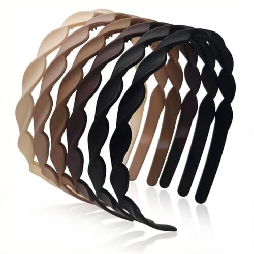 Springtime 6pcs Thin Twristed Plastic Headbands for Girls Women, Multicolor Neutral Pack, Wave Pattern Design with Built-in Teeth, 10mm Wide, 6 Count Set for Women, Teen and Adult - color: Neutral color