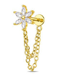 OUFER 16G Chain Cartilage Piercing Jewelry-316L Surgical Steel Gold Flat Back Push Pin Helix Earring, Star Clear CZ Double Chain Lobe Piercing Jewelry - style: Flower-Gold
