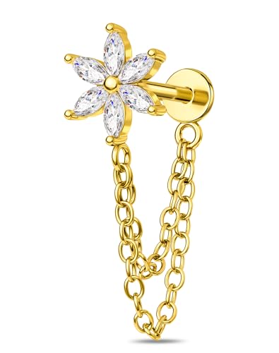 OUFER 16G Chain Cartilage Piercing Jewelry-316L Surgical Steel Gold Flat Back Push Pin Helix Earring, Star Clear CZ Double Chain Lobe Piercing Jewelry - style: Flower-Gold