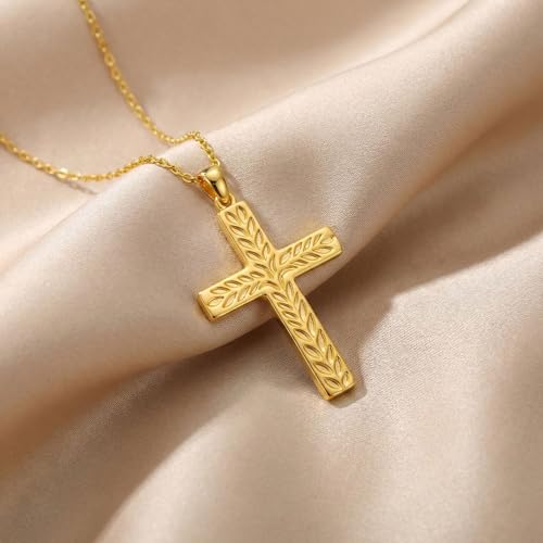 14K Gold Cross Necklace Gold Cross Pendant Necklace Christian Faith Jewelry Gifts for Women - style: F-Leaf Cross