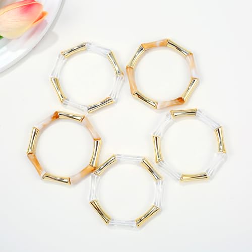 Gold Tube Bangle Bracelets for Women Stackable Bamboo Chunky Acrylic Beads Stretch Friendship Summer Beach Bracelet Jewelry - color: Colorful 02