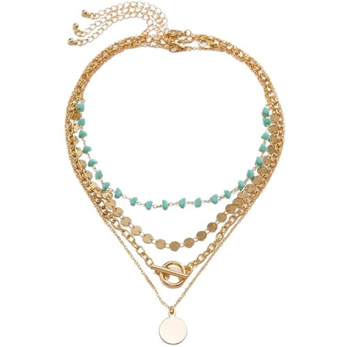Boho Layered Gold Turquoise Necklace for Women Multi Strand Western Beach Jewelry Stackable Chain with Toggle Clasp Disc Pendant Trendy Fashion Jewelry - color: gold