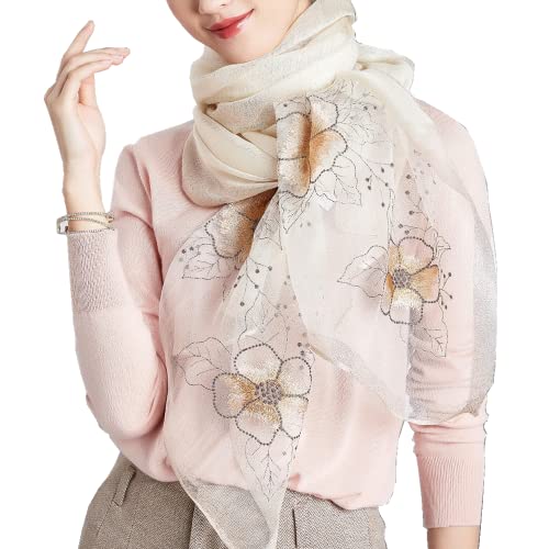 WINCESS YU Women Mulberry Silk Scarf Long & Large Embroidered Floral Pattern Shawl and Wraps Neckerchief for Hair & Neck - color: Sunflower White
