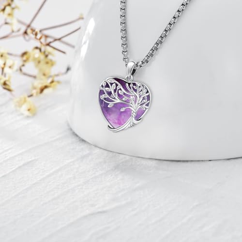Turquoise/Amethyst/Moonstone/Black Onyx Tree of Life Necklace for Women Hummingbird Necklaces White Gold Plated Copper Jewelry - style: A-Tree of Life -Amethyst