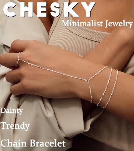 CHESKY Silver Hand Chain Bracelets for Women Set - Dainty Silver Plated Finger Ring Bracelet Stack Adjustable Hand Chains Durable Beaded Bracelets Trendy Simple Jewelry Gift for Women - style: layer thin bracelet-silver