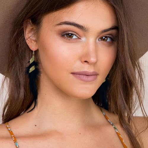 Feather Earrings for Women Bohemian Fringe Tassel Long Drop Dangle Earrings Lightweight Boho Statement earrings - color: black