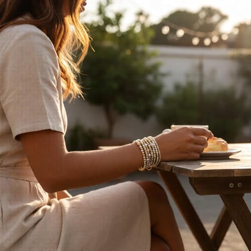Gold Bracelets for Women Stackable 14K Gold Silver Plated Beaded Bracelets Stack Elastic Stretch Non Tarnish Bead Ball Stack Stretch Adjustable Dainty Jewelry Trendy Prom Gifts for Women - color: 7pcs-Pearl