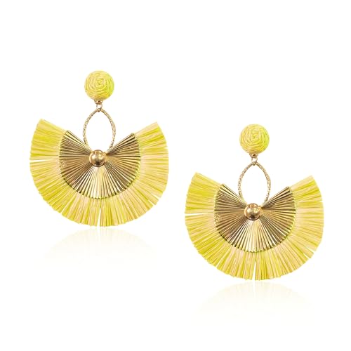Anmpab Straw Fan Bohemian Tassel Earrings for Women Trendy Colorful Fringe Summer Beach Statement Earrings - color: Yellow