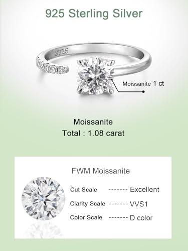 FWM Round Cut Moissanite Simple Open Rings for Women, Adjustable Ring, Solid Sterling Silver With Gold Plated, Stackable Wedding Band, Anniversary Valentines Mothers Day Christmas Gift - color: Round Cut - White Gold, size: 5