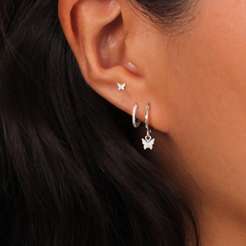 3 Pairs Small Earring Stacks, 14K Gold/Silver/Black/Rose Gold Plated Pearl Heart Butterfly Star Diamond Charm Drop Huggie Earrings Trendy Jewelry Gift for Women - color: Silver-Butterfly