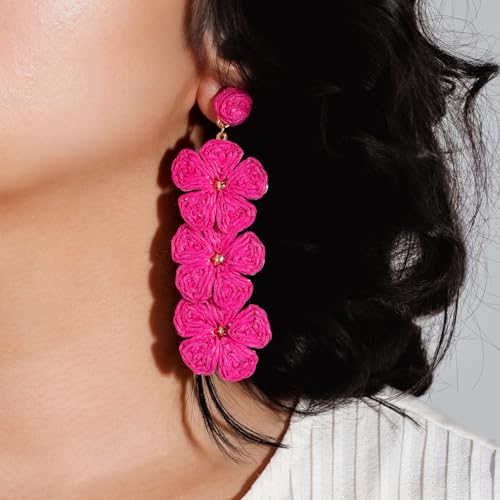 Boho Flower Earrings Statement Raffia Dangle Earrings Cute Floral Jewelry Trendy Summer Beach Vacation Outfits for Women - color: Rose-2