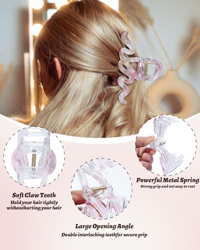 4Pcs Large Hair Claw Clips, Nonslip Cute Jelly Hair Clips for Thick Hair and Long Hair - color: Wave-Silver + Rose Pink + Purple + Blue
