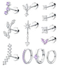 ORAZIO 16 Gauge Cartilage Earrings for Women Flat Back Hypoallergenic Surgical Steel Small Flatback Stud Hoop Cartilage Earring Stack Set Daith Conch Tragus Helix Piercing Jewelry Single PC - color: Silver Plated+Purple CZ