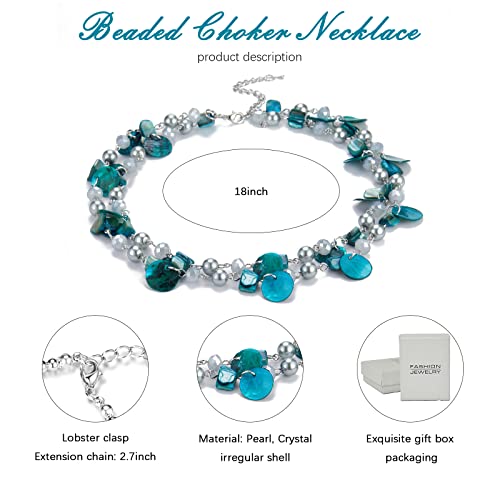 Noessla Layered Beaded Chunky Necklace for Women Boho Two-color Shell Statement Necklace Fashion Collar Costume Jewelry Gifts for Mum - color: 14-Turquoise