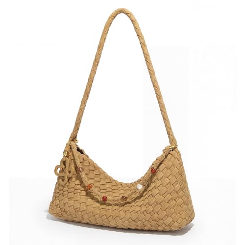 Premium Woven Shoulder crossboby Bag for Women, Slouchy Hobo Handbag with Braided Strap and Matching Zipper Pouch - color: Brown