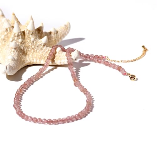 Simple Choker Necklace for Women Real Stone and Crystals Necklaces 4mm Beaded Choker Jewelry Meditation Gift for Women (16"+2") - style: Strawberry Quartz