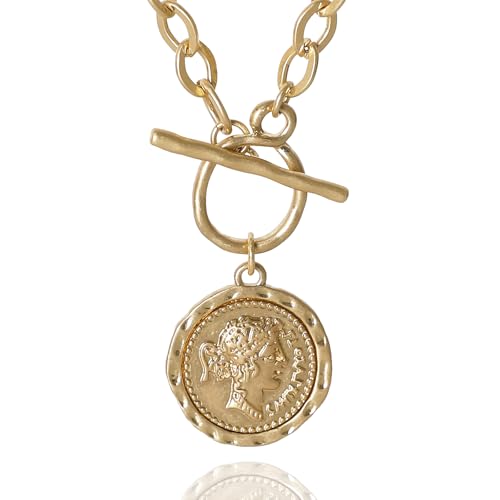 Chunky Gold Coin Necklace for Women Silver and Gold Chain Pendant Necklaces 18 Inch Antique Toggle Thick Link Fashion Jewelry Gift for Women - style: Worn Gold-F
