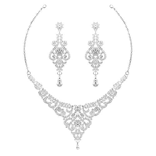 Hapibuy Crystal Wedding Jewelry Set Necklace Earring Set For Women and Brides Rose Gold and Silver Bridal Statement Jewelry sets - color: Silver
