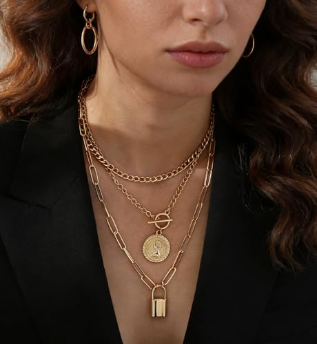 iF YOU Vintage Gold Layered Necklaces for Women Trendy, Chunky Cuban Link Paperclip Chains Necklace Stack, Coin Pendant Necklace Set Jewelry Gifts - style: 3-layer lock necklace