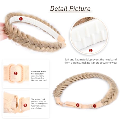 2PCs Braided Headband with teeth Handmade Messy Wide Synthetic Hair Elastic Stretch Fluffy Hairpiece for Brides (Honey Blonde) - color: Honey Blonde