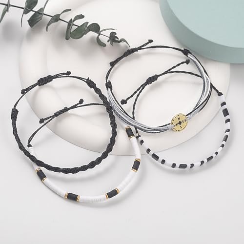 FANCY SHINY Boho Nautical Compass String Bracelets Beaded Clay Beads Bracelet Stackable Friendship Bracelets Summer Beach Outfits for Women Girls - color: Black