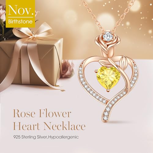 LOUISA SECRET Rose Flower Heart Birthstone Necklaces for Women, 925 Sterling Silver Jewelry, Pendant Heart Necklaces Birthday Anniversary Christmas Gift for Women Wife Mom Girlfriend Lady - color: Rose Gold-11-Nov
