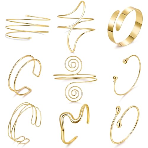 9Pcs Arm Cuff Bracelets Gold Upper Arm Cuff for Women Adjustable Upper Arm Bangle Bracelet Minimalist Irregular Arm Bangle Armband Coil Swirl Armlets Armband Jewelry Set - color: Glod B