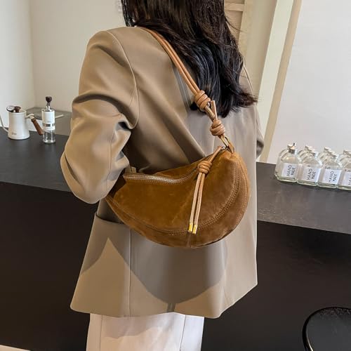 Suede Bags for Women Small Suede Purses Crescent Bag Crossbody Shoulder Bag Trendy Tote Handbags - color: B Suede Brown