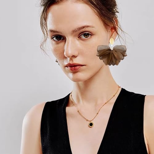 Handmade Fabric Flower Petal Fringe Dangle Drop Earrings Bohemian Floral Tassel Stud Earrings For Women - color: Brown